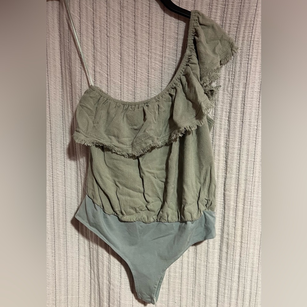 Promesa Light Green Textured Raw Hem Ruffle Bodysuit